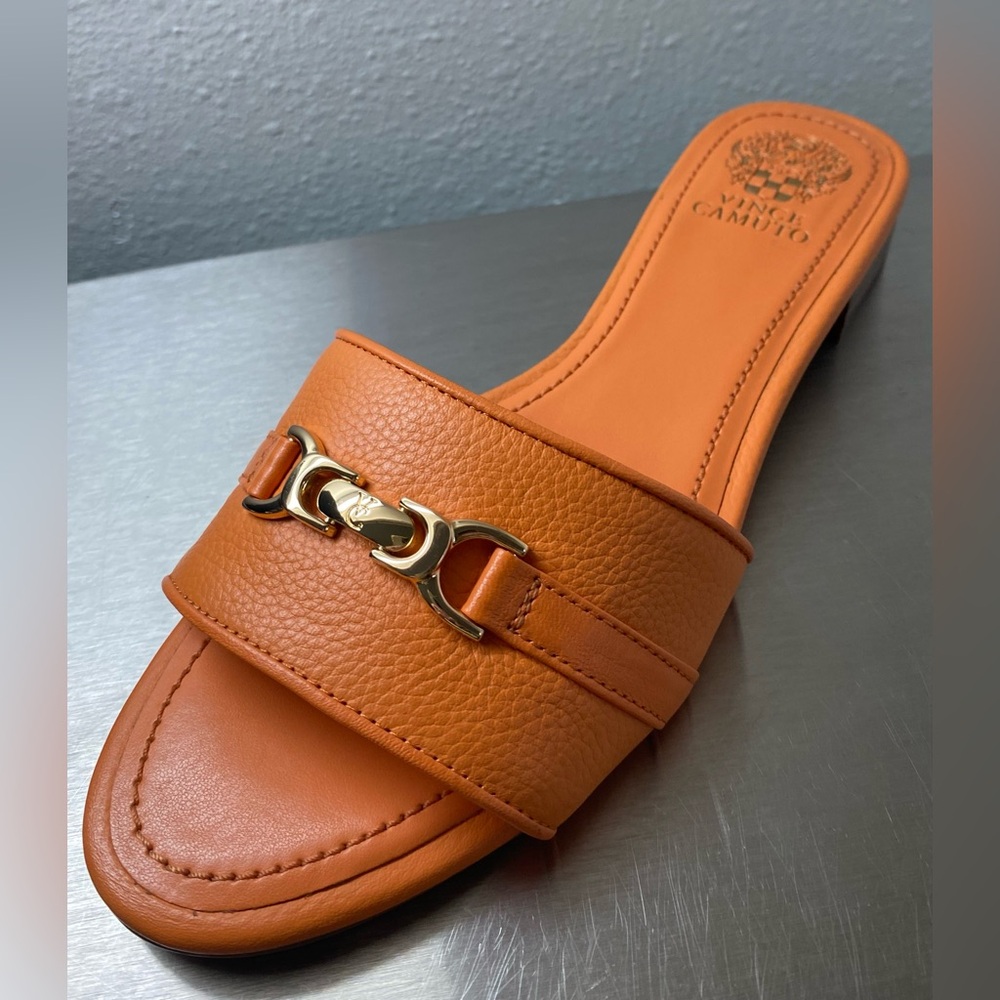 Vince Camuto Orange Leather Mules with Gold Accent - Picture 3 of 15